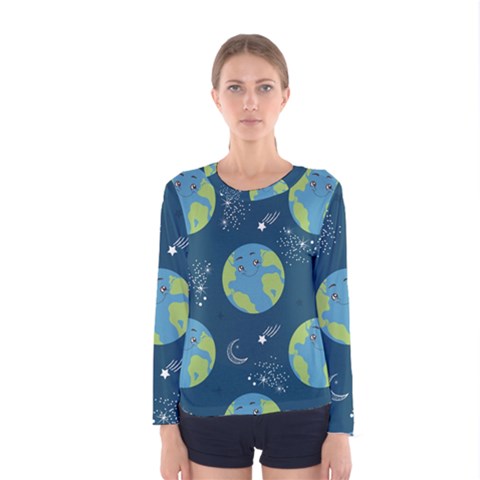 Seamless Pattern Cartoon Earth Planet Women s Long Sleeve T-shirt by Grandong