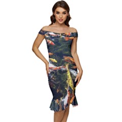 Koi Pond 3d Fish Off Shoulder Ruffle Split Hem Bodycon Dress by Grandong