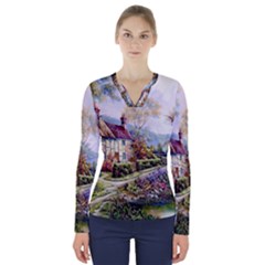 Colorful Cottage River Colorful House Landscape Garden Beautiful Painting V-neck Long Sleeve Top by Grandong