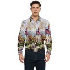 Colorful Cottage River Colorful House Landscape Garden Beautiful Painting Men s Long Sleeve  Shirt by Grandong
