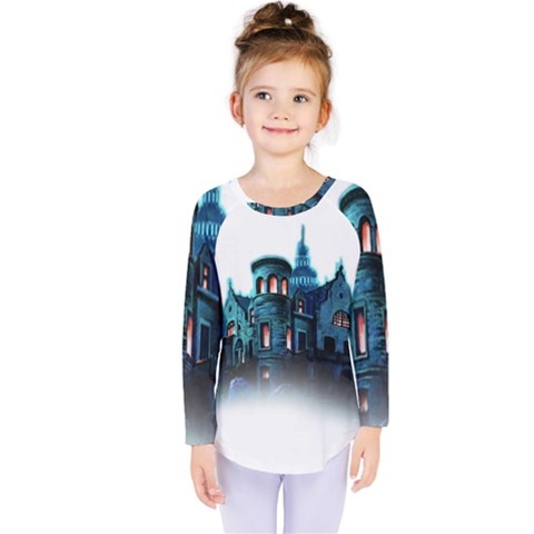 Blue Castle Halloween Horror Haunted House Kids  Long Sleeve T-shirt by Sarkoni