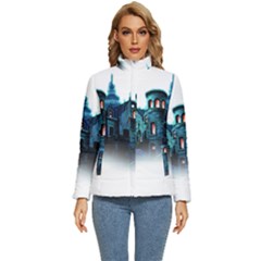Blue Castle Halloween Horror Haunted House Women s Puffer Bubble Jacket Coat by Sarkoni