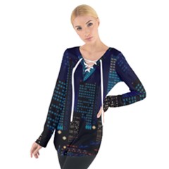 Pixel Art Night City Japan Tie Up T-shirt by Sarkoni