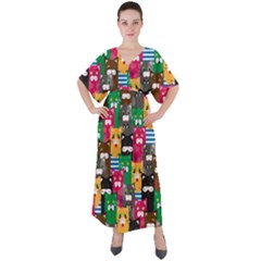 Cats Funny Colorful Pattern Texture V-neck Boho Style Maxi Dress by Grandong
