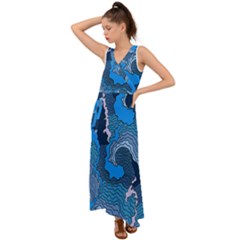 Blue Moving Texture Abstract Texture V-neck Chiffon Maxi Dress by Grandong