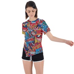 Comic Cartoon Pattern Asymmetrical Short Sleeve Sports T-shirt by pakminggu