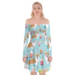 Welsh Corgis Dog Boba Tea Bubble Tea Cute Kawaii Off Shoulder Skater Dress by Grandong