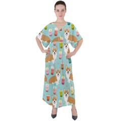 Welsh Corgis Dog Boba Tea Bubble Tea Cute Kawaii V-neck Boho Style Maxi Dress by Grandong