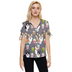 Welsh Corgi Dog Boba Tea Bubble Kawaii Bow Sleeve Button Up Top by Grandong
