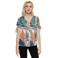 Colorful Tropical Leaf Bow Sleeve Button Up Top by Jack14