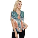 Colorful Tropical Leaf Bow Sleeve Button Up Top View3