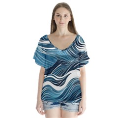 Abstract Blue Ocean Wave V-neck Flutter Sleeve Top by Jack14
