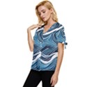 Abstract Blue Ocean Wave Bow Sleeve Button Up Top View2