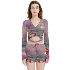 Abstract Flowers  Velvet Wrap Crop Top And Shorts Set by Internationalstore