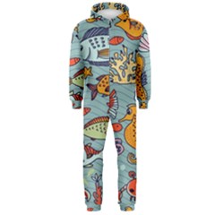 Cartoon Underwater Seamless Pattern With Crab Fish Seahorse Coral Marine Elements Hooded Jumpsuit (men) by uniart180623