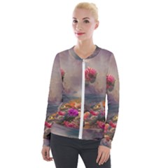 Floral Blossoms  Velvet Zip Up Jacket by Internationalstore