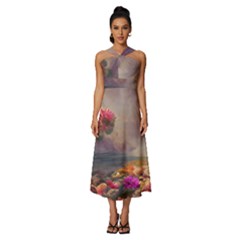 Floral Blossoms  Sleeveless Cross Front Cocktail Midi Chiffon Dress by Internationalstore