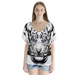 White And Black Tiger V-neck Flutter Sleeve Top by Sarkoni
