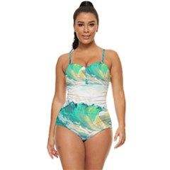 Waves Ocean Sea Tsunami Nautical Painting Retro Full Coverage Swimsuit by uniart180623