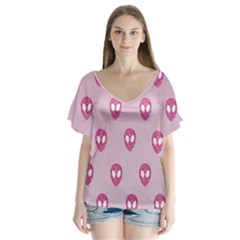 Alien Pattern Pink V-neck Flutter Sleeve Top by Ket1n9