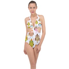 Cute Owls Pattern Halter Front Plunge Swimsuit by Ket1n9