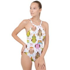 Cute Owls Pattern High Neck One Piece Swimsuit by Ket1n9