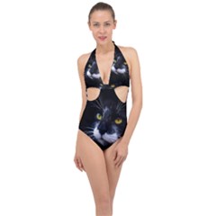 Face Black Cat Halter Front Plunge Swimsuit by Ket1n9