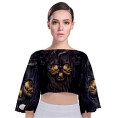 Art Fiction Black Skeletons Skull Smoke Tie Back Butterfly Sleeve Chiffon Top by Ket1n9