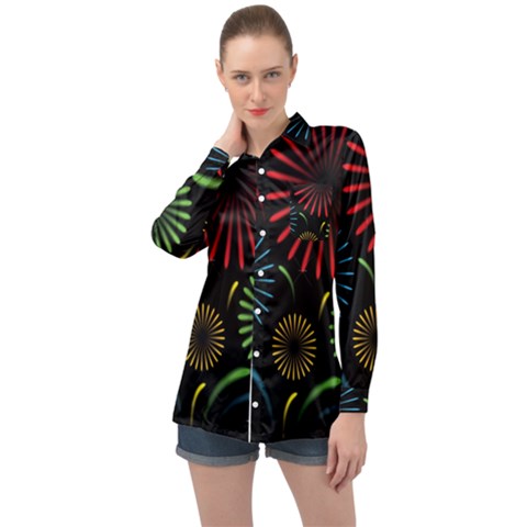 Fireworks With Star Vector Long Sleeve Satin Shirt by Ket1n9