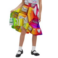 Colorful 3d Social Media Kids  Ruffle Flared Wrap Midi Skirt by Ket1n9