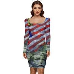Usa United States Of America Images Independence Day Women Long Sleeve Ruched Stretch Jersey Dress by Ket1n9