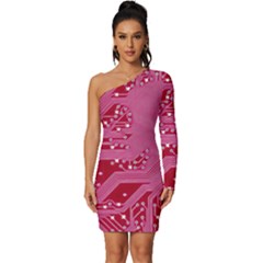 Pink Circuit Pattern Long Sleeve One Shoulder Mini Dress by Ket1n9