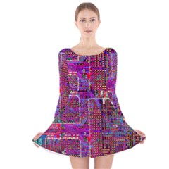 Technology Circuit Board Layout Pattern Long Sleeve Velvet Skater Dress by Ket1n9