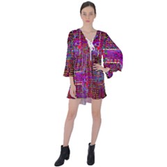 Technology Circuit Board Layout Pattern V-neck Flare Sleeve Mini Dress by Ket1n9