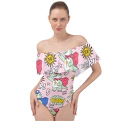 Seamless-pattern-with-many-funny-cute-superhero-dinosaurs-t-rex-mask-cloak-with-comics-style-inscrip Off Shoulder Velour Bodysuit  by Ket1n9