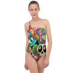 Crazy Illustrations & Funky Monster Pattern Classic One Shoulder Swimsuit by Ket1n9