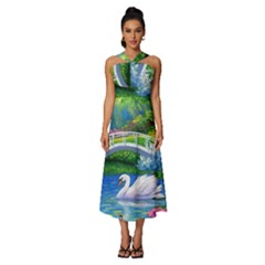 Swan Bird Spring Flowers Trees Lake Pond Landscape Original Aceo Painting Art Sleeveless Cross Front Cocktail Midi Chiffon Dress by Ket1n9