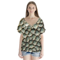 Ocean Pattern V-neck Flutter Sleeve Top by Ket1n9