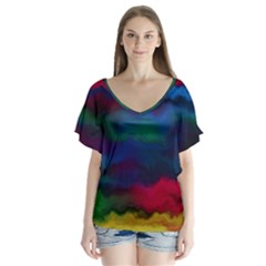 Watercolour-color-background V-neck Flutter Sleeve Top by Ket1n9