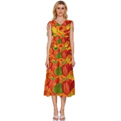 Leaves Texture V-neck Drawstring Shoulder Sleeveless Maxi Dress by Ket1n9