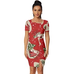 Christmas New Year Seamless Pattern Fitted Knot Split End Bodycon Dress by Ket1n9