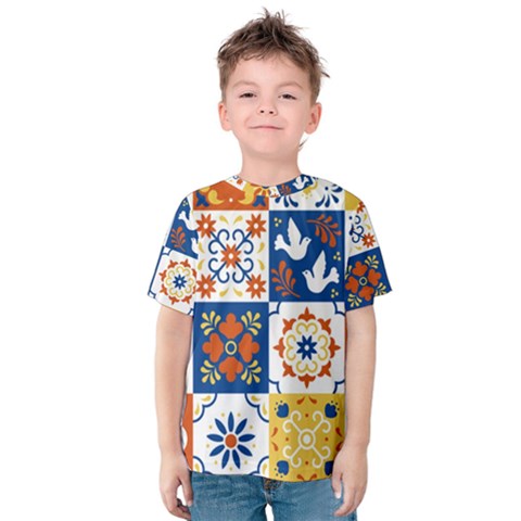 Mexican-talavera-pattern-ceramic-tiles-with-flower-leaves-bird-ornaments-traditional-majolica-style- Kids  Cotton T-shirt by Ket1n9