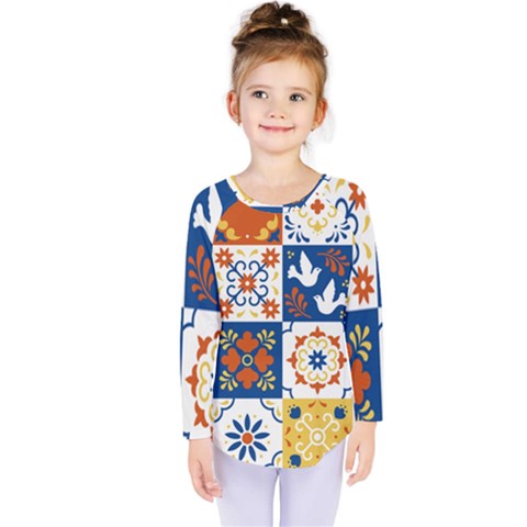 Mexican-talavera-pattern-ceramic-tiles-with-flower-leaves-bird-ornaments-traditional-majolica-style- Kids  Long Sleeve T-shirt by Ket1n9
