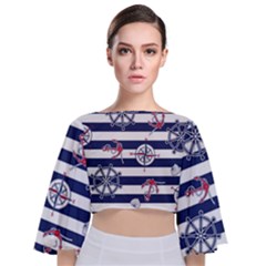 Seamless-marine-pattern Tie Back Butterfly Sleeve Chiffon Top by Ket1n9