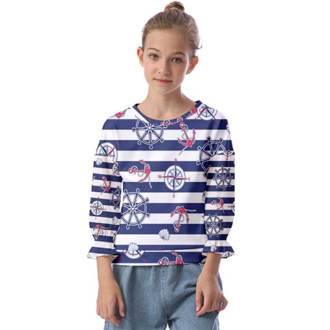 Seamless-marine-pattern Kids  Cuff Sleeve Top by Ket1n9