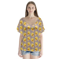 Yellow-mushroom-pattern V-neck Flutter Sleeve Top by Ket1n9