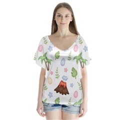 Cute-palm-volcano-seamless-pattern V-neck Flutter Sleeve Top by Ket1n9