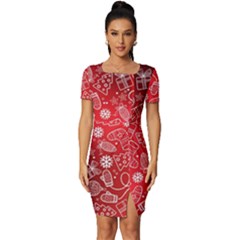 Christmas Pattern Red Fitted Knot Split End Bodycon Dress by Grandong