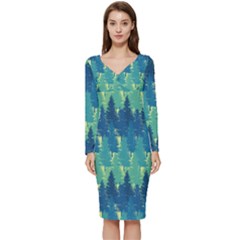 Christmas Trees Pattern Digital Paper Seamless Long Sleeve V-neck Bodycon Dress  by Grandong