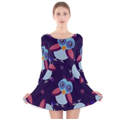 Owl-pattern-background Long Sleeve Velvet Skater Dress by Grandong